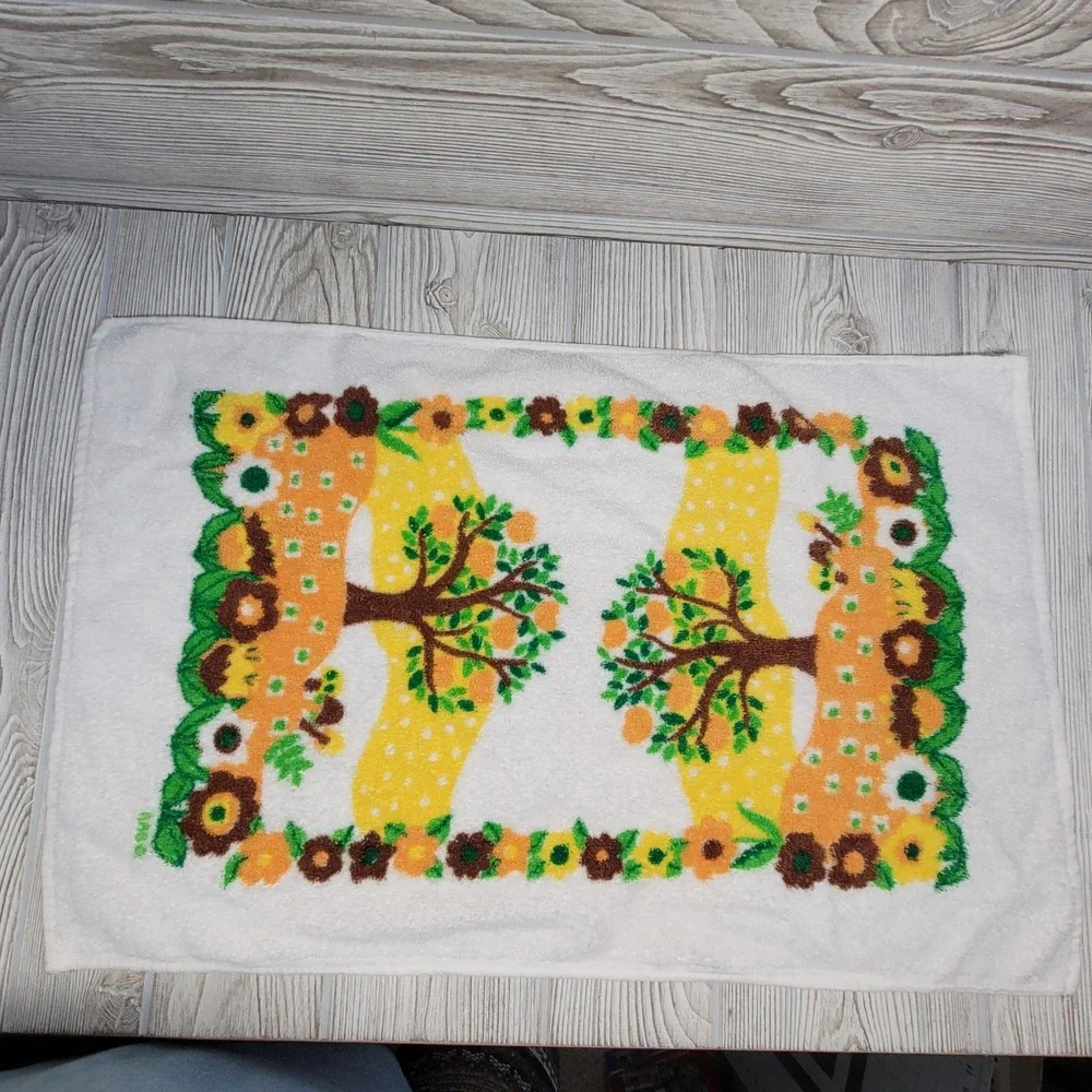 Dundee Hand‎ Towel Set White Yellow Orange Floral Tree Gingham 2pc MCM Vtg